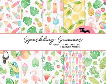 Summer digital paper, Watercolor scrapbook paper, Icecream pattern, Printable scrapbook paper, Summer watercolor background, Flamingo paper