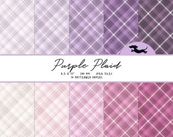 May include: Ten digital paper designs featuring purple and pink plaid patterns. The papers are 8.5 x 11 inches and 300 PPI. The text "Purple Plaid" is displayed at the top of the image.