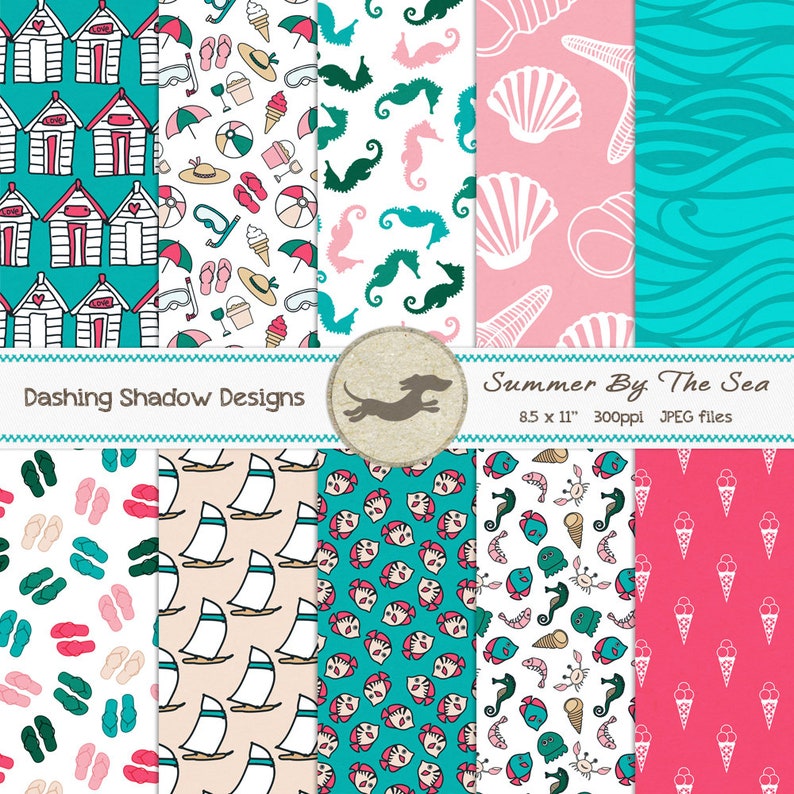 Digital Printable Scrapbook Craft Paper SALE 50/% OFF Summer Vacation Beach Seaside Pink Teal Blue Green Summer By The Sea A4