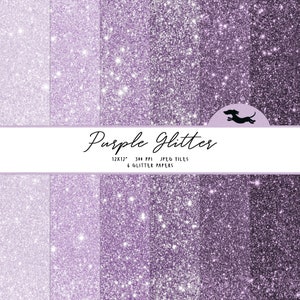May include: Six digital papers featuring a purple glitter gradient background. The papers are 12x12 inches and 300 DPI. The text "Purple Glitter" is written in a cursive font across the top of the image.