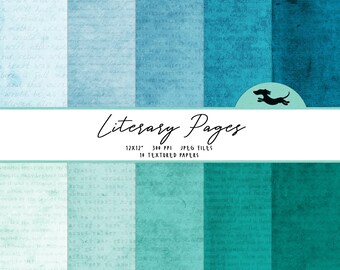 Grunge literary digital paper, Scrapbook paper, Teal vintage paper, Printable scrapbook paper, Teal literary background, Aqua background