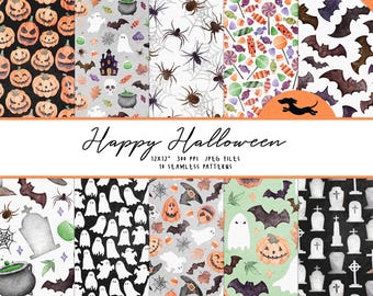 Halloween digital paper, Watercolor scrapbook paper, Halloween pattern, Printable scrapbook paper, Watercolor background, Printable paper