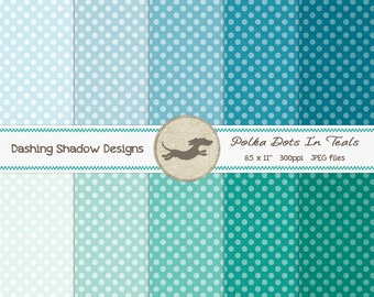 Digital Printable Scrapbook Craft Paper - A4 - Polka Dots in Teal Blue Green Aqua Turquoise Shades - 8.5 x 11" - PU/CU Commercial Use