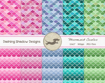 Digital Printable Scrapbook Craft Paper - Mermaid Scales - Pink Purple Teal Blue Fish Sea Creature Scales - 12 x 12" - PU/CU Commercial Use