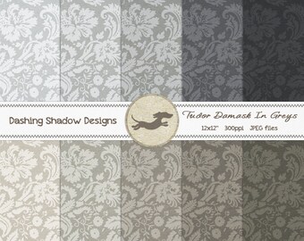 Digital Printable Scrapbook Craft Paper - Tudor Damask in Grey Shades - Gray Silver White Black Charcoal - 12 x 12" - PU/CU Commercial Use