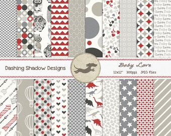 Digital Printable Scrapbook Craft Paper - Baby Love - Neutral Grey Red Baby Boy Girl Hearts Owls Dinosaurs - 12 x 12" - PU/CU Commercial Use