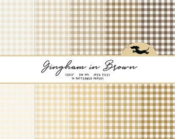 Brown gingham digital paper, Scrapbook paper, Gingham pattern, Printable scrapbook paper, Gingham background, Neutral gingham paper