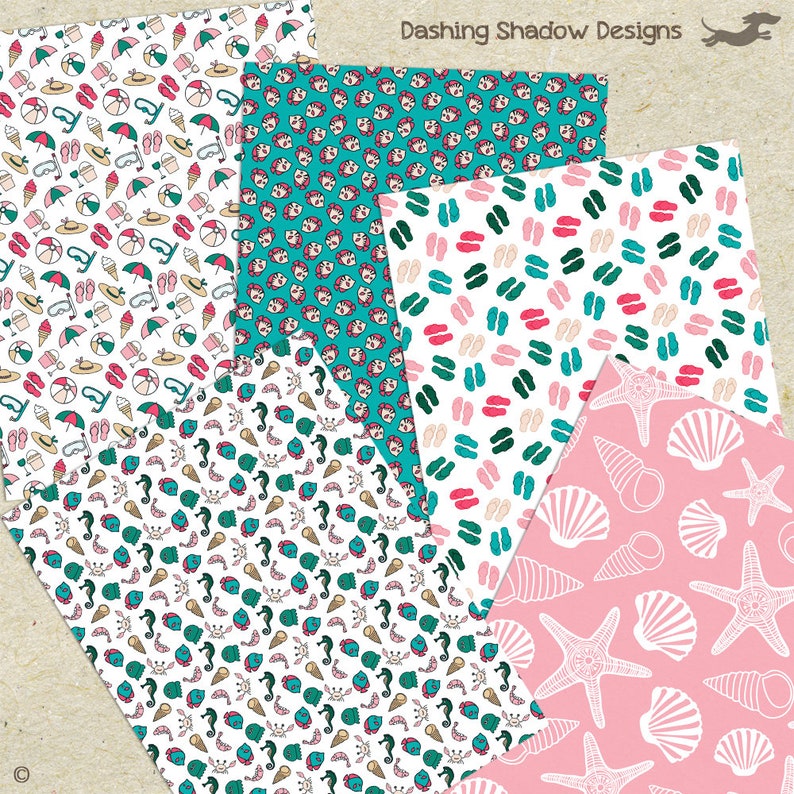 Digital Printable Scrapbook Craft Paper SALE 50/% OFF Summer Vacation Beach Seaside Pink Teal Blue Green Summer By The Sea A4