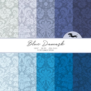 Damask digital paper, Scrapbook paper, Blue damask pattern, Printable scrapbook paper, Damask background, Printable blue damask paper