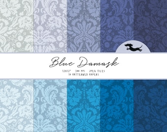 Damask digital paper, Scrapbook paper, Blue damask pattern, Printable scrapbook paper, Damask background, Printable blue damask paper