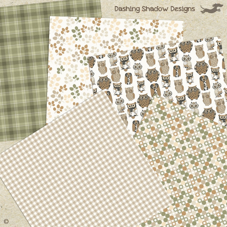 Digital Printable Scrapbook Craft Paper Camp Ground 12 x 12 Neutral Brown Green Khaki Owls Nature Leaves Plaid PUCU Commercial Use