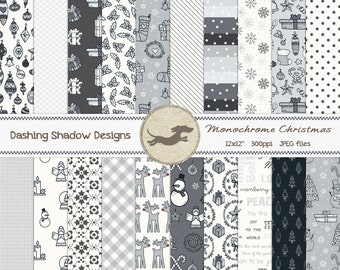 Digital Printable Scrapbook Craft Paper - Monochrome Christmas - Black White Grey Silver Gifts Trees Baubles - 12x12" - PU/CU Commercial Use