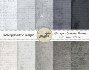 Digital Printable Scrapbook Craft Paper - Grunge Vintage Literary Pages in Grey Shades - 12 x 12" - PU/CU Commercial Use