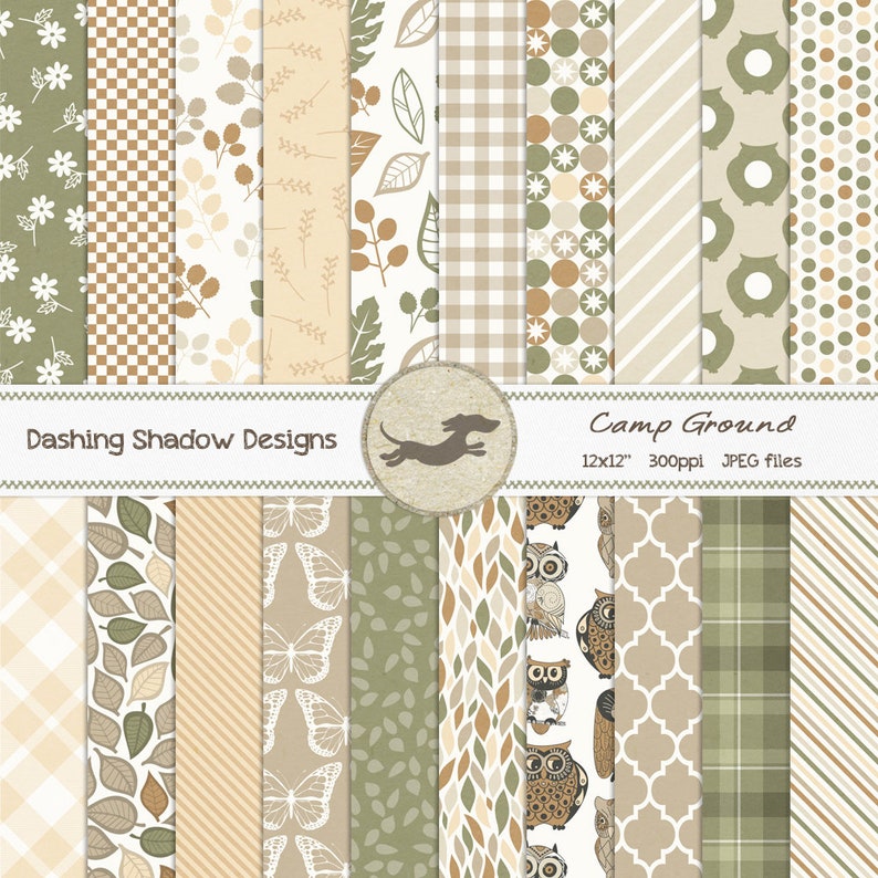 Digital Printable Scrapbook Craft Paper Camp Ground 12 x 12 Neutral Brown Green Khaki Owls Nature Leaves Plaid PUCU Commercial Use