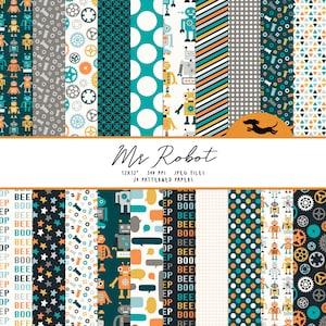 May include: A set of 20 digital paper designs featuring robots, gears, stars, polka dots, and geometric patterns in shades of blue, yellow, grey, and white. The papers are 12 inches by 12 inches and 300 pixels per inch. The text "Mr. Robot" is displayed at the top of the image.