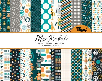 Robot digital paper, Scrapbook paper, Robot pattern, Printable scrapbook paper, Mechanical background, Boys printable scrapbook paper