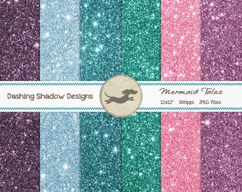 Digital Printable Scrapbook Craft Paper - Mermaid Tales Glitter Paper - Pink Purple Aqua Blue Teal Glitter - 12 x 12" - PU/CU Commercial Use