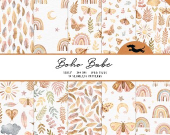 Papel digital boho, Papel de álbum de recortes de acuarela, Nuevo patrón de bebé, Papel de álbum de recortes imprimible, Fondo de acuarela de baby shower,