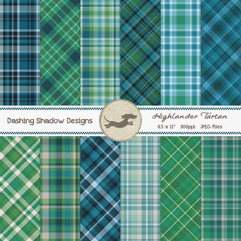Highlander Tartan Digital Printable Scrapbook Craft Paper 8.5 x 11 Plaid Scottish Green Blue Navy PUCU Commercial Use A4