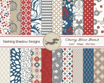 Digital Printable Scrapbook Craft Paper - Cherry Bliss Bomb - Navy Blue Red Florals Chevron Damask Leaves - 12 x 12" - PU/CU Commercial Use