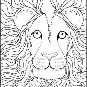 Peut inclure: Illustration en noir et blanc d'un visage de lion. La crinière et les traits du visage du lion sont richement détaillés. L'image est idéale pour être coloriée ou comme impression décorative.