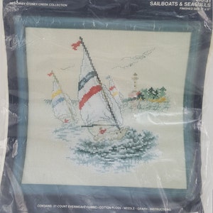 Vintage Janlynn # 80-31 &quot;Sailboats & Seagulls&quot; Counted Cross Stitch Kit