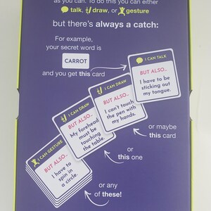 May include: A purple game box with white text that reads "HOW TO PLAY". The box includes cards with instructions and examples. The game involves guessing secret words with challenges like "sticking out my tongue".