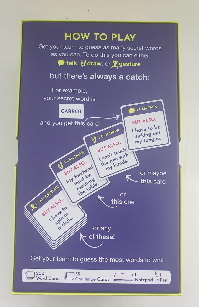 May include: A purple game box with white text that reads "HOW TO PLAY". The box includes cards with instructions and examples. The game involves guessing secret words with challenges like "sticking out my tongue".