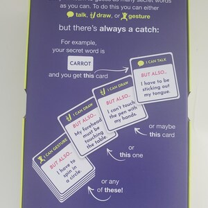 May include: A board game box with a purple background and white text explaining the rules. The game involves guessing secret words with challenges. Includes cards, a notepad, and a pen. The box says "HOW TO PLAY".