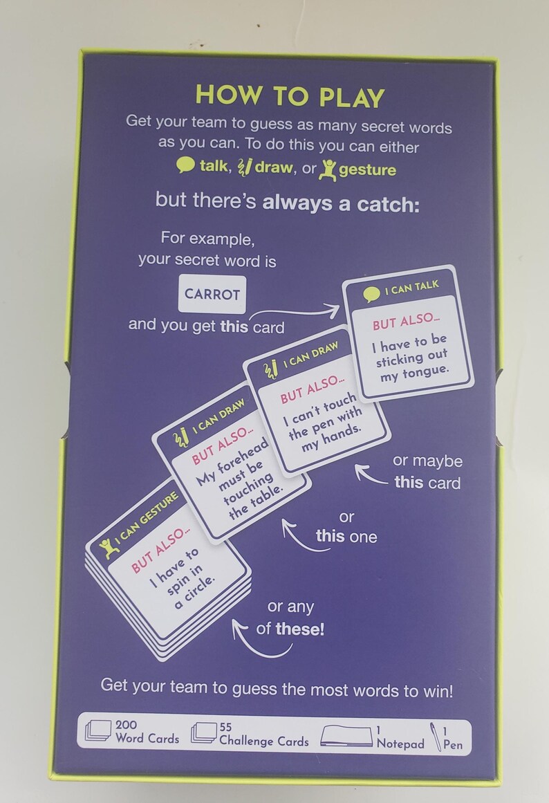 May include: A board game box with a purple background and white text explaining the rules. The game involves guessing secret words with challenges. Includes cards, a notepad, and a pen. The box says "HOW TO PLAY".