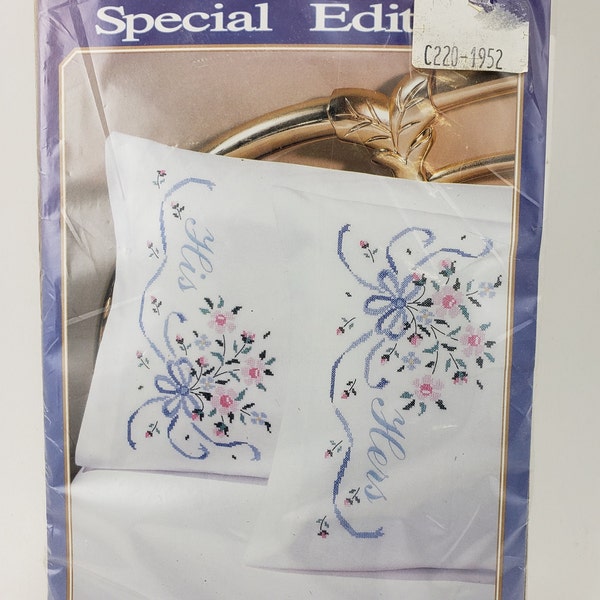 Bucilla 1992 Stamped Special Edition Pair Pillowcases Kit # 63326 "Bridal Bouquet"