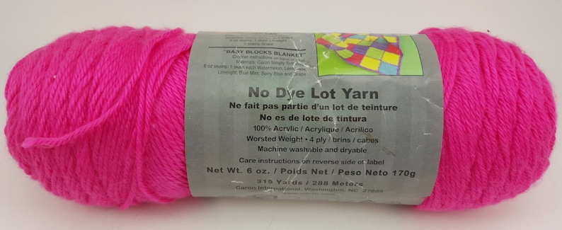 6 oz 315 yds Bright Pink Yarn # 9604 Watermelon No Dye Lot Yarn 100/% Acrylic Caron Simply Soft Brites Yarn