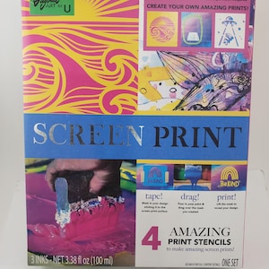 May include: Screen print kit with pink, yellow, and blue accents. The box features the text "Original Art by U" and "Screen Print." Includes 4 amazing print stencils and 3 inks, net 3.38 fl oz (100 ml). Ages 6+.