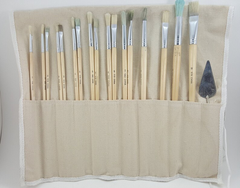 Artist Brushes Craft Brushes Set Of 18 Brushes Small Trowell Canvas Fabric Holder-Used Wooden Handles brushes Paint Brushes