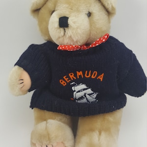Light Brown Teddy Bear Wearing Blue Bermuda Sweater,Red & White Polka Dot