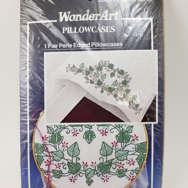 Vintage WonderArt Pair Perle Edged Stamped Pillowcases Kit # 1155 "Ivy Heart"