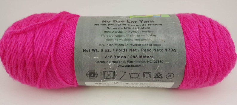 6 oz 315 yds Bright Pink Yarn # 9604 Watermelon No Dye Lot Yarn 100/% Acrylic Caron Simply Soft Brites Yarn