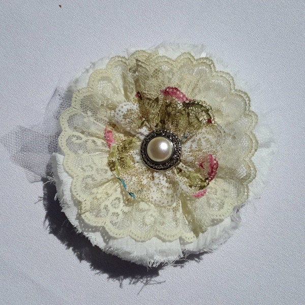 Handmade Cream& Variegated Lace, Frayed Cotton Flower