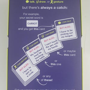 May include: A board game box with a purple background and yellow trim. The box features text that reads "HOW TO PLAY" and instructions on how to play the game. The game includes word cards, challenge cards, a notepad, and a pen.