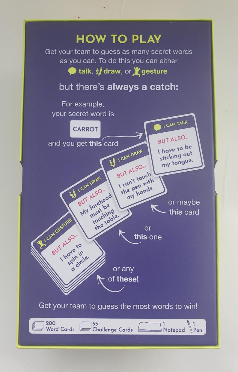 May include: A board game box with a purple background and yellow trim. The box features text that reads "HOW TO PLAY" and instructions on how to play the game. The game includes word cards, challenge cards, a notepad, and a pen.