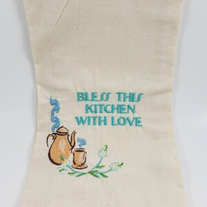 Handmade Embroidered Tea Towel &quot;Bless This Kitchen With Love&quot;