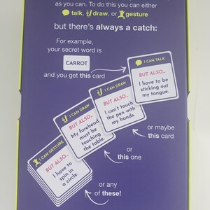 May include: A game box with a purple background and yellow trim. The text "HOW TO PLAY" is at the top. The game involves guessing secret words by talking, drawing, or gesturing, with a catch. Includes 200 word cards, 55 challenge cards, a notepad, and a pen.