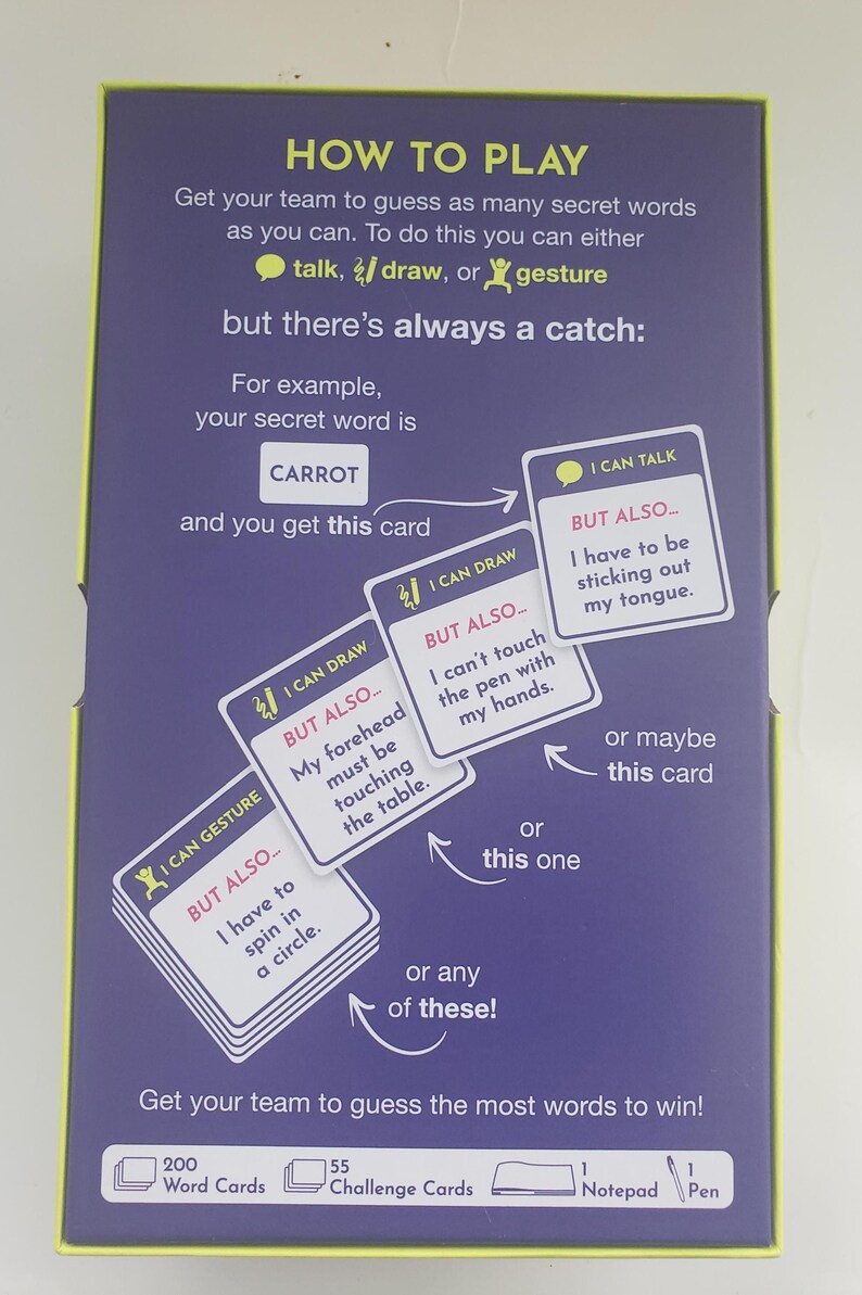 May include: A game box with a purple background and yellow trim. The text "HOW TO PLAY" is at the top. The game involves guessing secret words by talking, drawing, or gesturing, with a catch. Includes 200 word cards, 55 challenge cards, a notepad, and a pen.