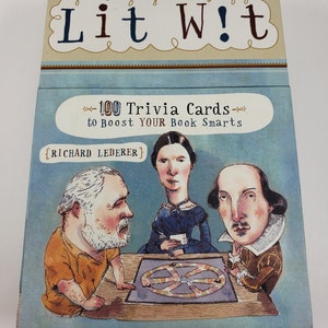 May include: A blue box with a white border and the text "Lit W!t" in brown lettering. The box has a picture of three people playing a game with a circular board. The text "100 Trivia Cards to Boost YOUR Book Smarts" is on the box. The text "{RICHARD LEDERER}" is also on the box.