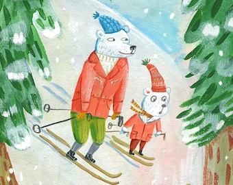 Downhill Bears. A giclee print of an original illustration.