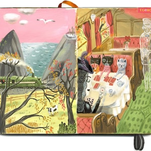 Gaan vissen. De tijd doorgeven een herfst treinreis een dame en haar katten. Een limited edition giclee print van een originele illustratie schetsboek.