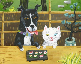 Dema & Kiki love sushi. A limited edition giclee print of an original painting.