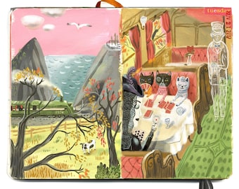 Ve a pescar. Una dama y sus gatos pasan el tiempo en un viaje en tren de otoño. Una edición limitada giclee impresión de un cuaderno de bocetos de ilustración original.