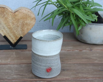 Hand made Clay Coffee mug - pottery coffee mug with a red heart  - stoneware coffee mug - curved coffee mug  - no handle coffee mug