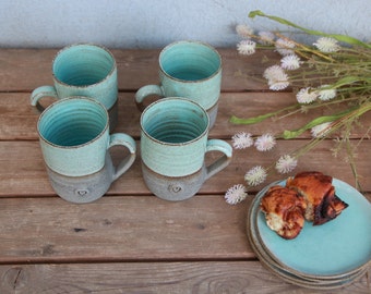 set of 4 pottery Coffee mugs with heart in black and handle and 4 pottery plates-ceramic mugs - ceramic plates-turquoise glaze-gift idea